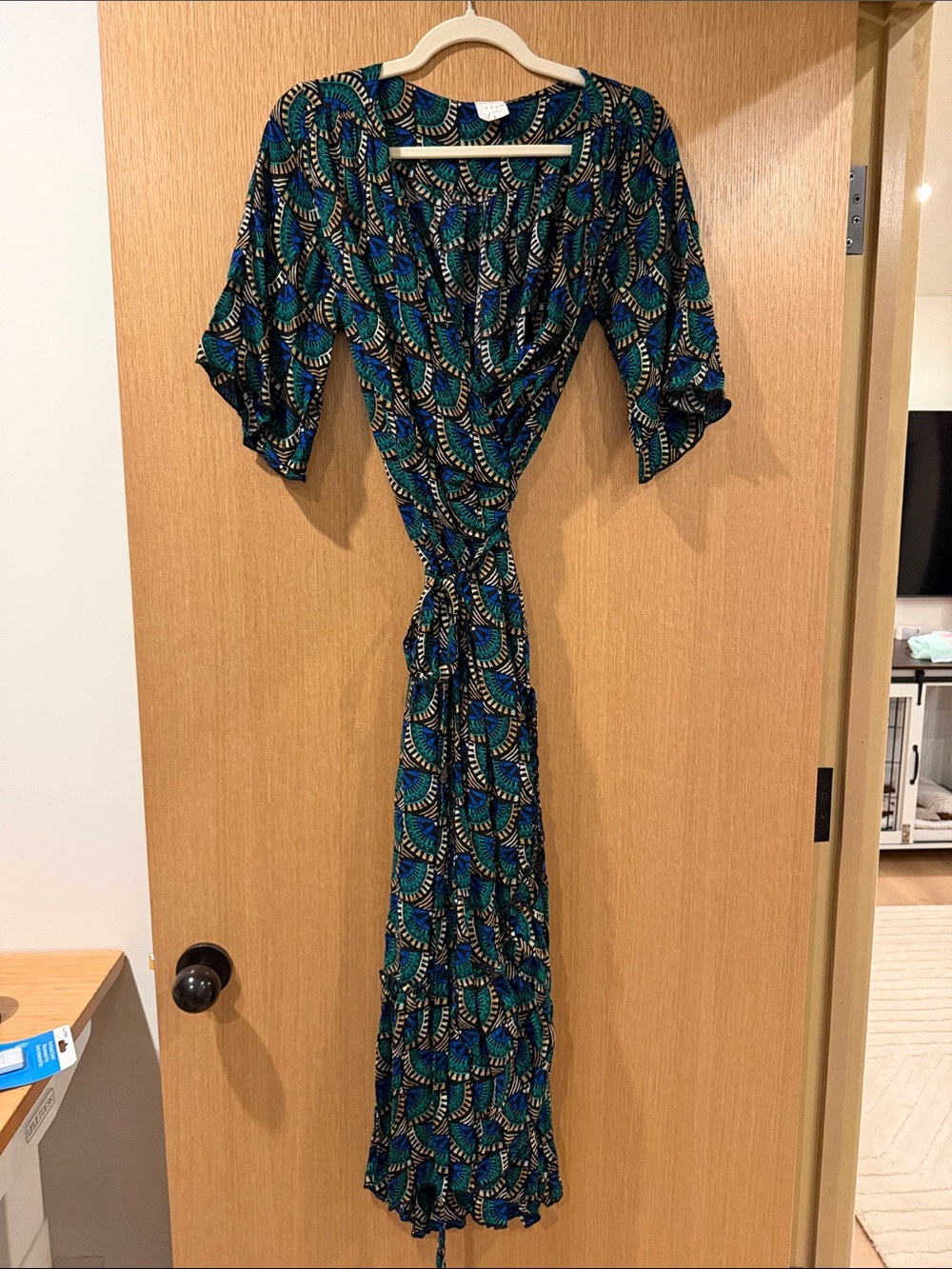 Teal & Navy Printed Wrap Maxi Dress